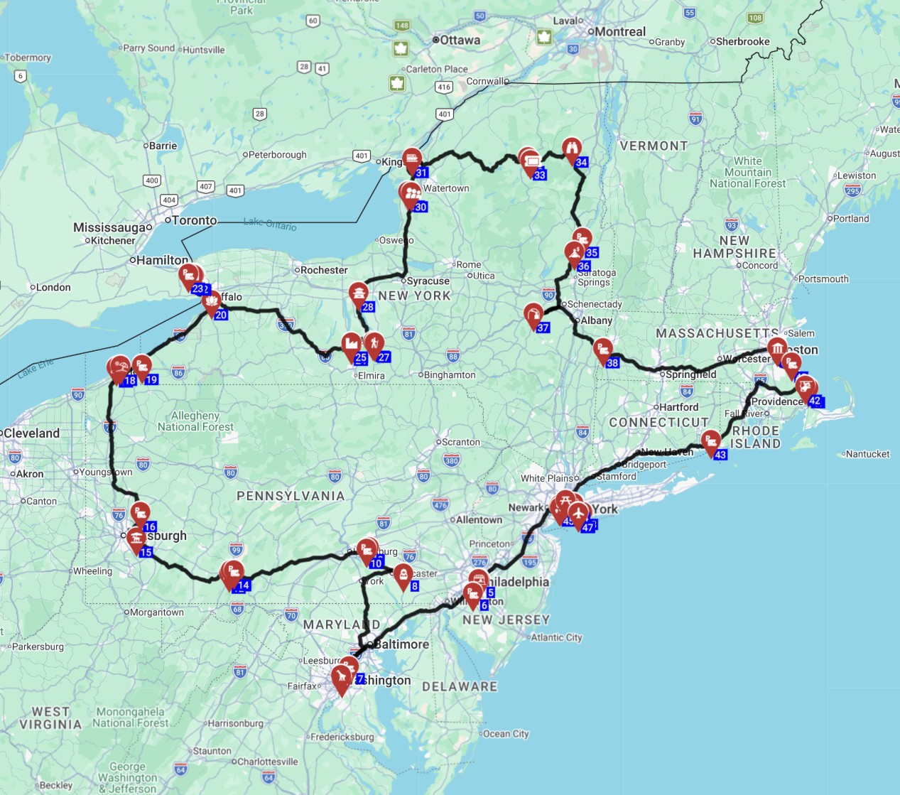 Map for תכנון מסלול טיול קרוואנים בארהב בחוף המזרחי השכרת קרוואן בארהב